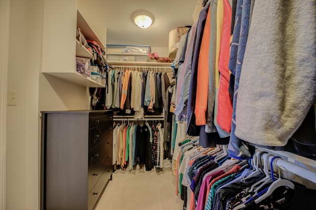 walk in closet with light colored carpet