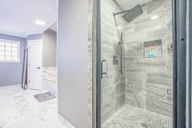 bathroom with shower with separate bathtub and ornamental molding