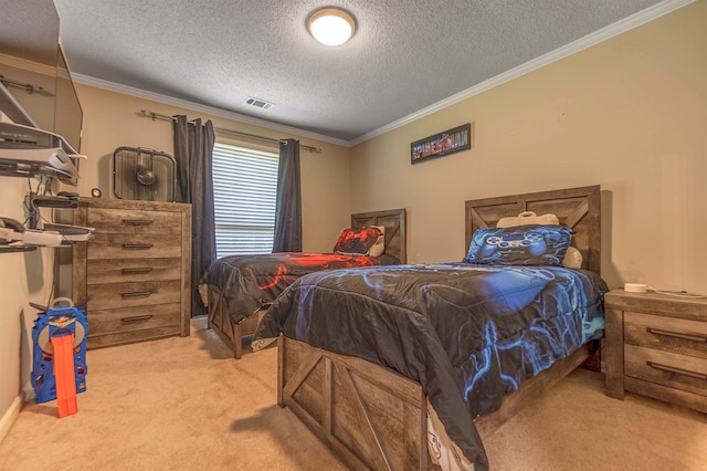 carpeted bedroom featuring crown molding and a textured ceiling