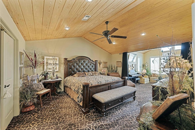 bedroom featuring lofted ceiling, wood ceiling, and ceiling fan