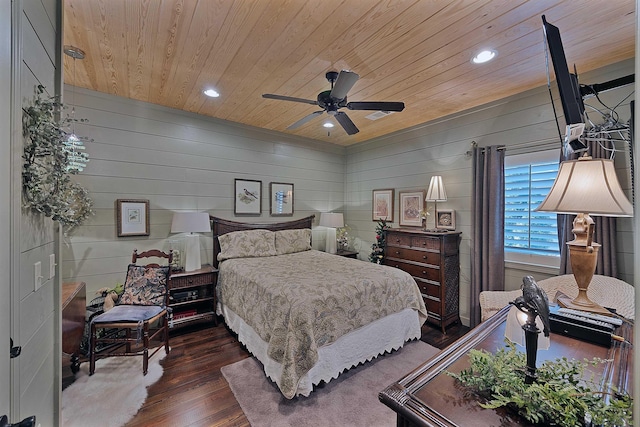 bedroom featuring dark wood-type flooring, ceiling fan, and wood ceiling