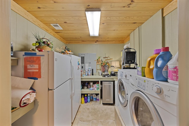 laundry room featuring washer and clothes dryer, wood ceiling, and wood walls