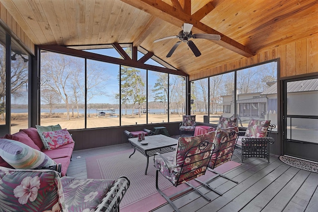 sunroom featuring wood ceiling, ceiling fan, lofted ceiling with beams, and a water view