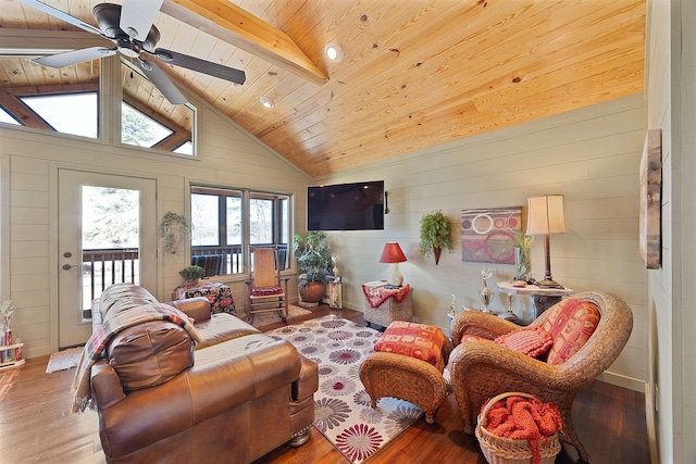 living room with wood ceiling, hardwood / wood-style flooring, lofted ceiling with beams, and ceiling fan