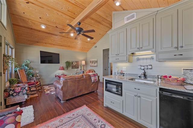 kitchen featuring sink, wood ceiling, dark wood-type flooring, light stone counters, and black appliances