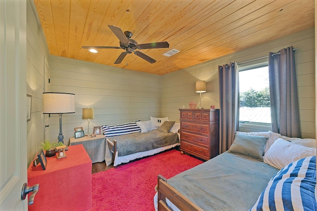 bedroom featuring ceiling fan and wooden ceiling