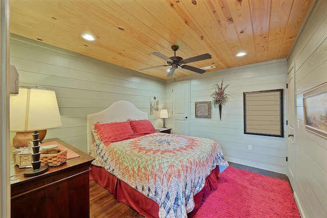 bedroom with dark hardwood / wood-style floors, wooden ceiling, and ceiling fan