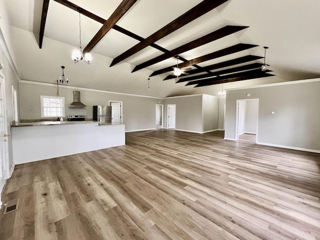 unfurnished living room with crown molding, vaulted ceiling with beams, ceiling fan with notable chandelier, and light wood-type flooring