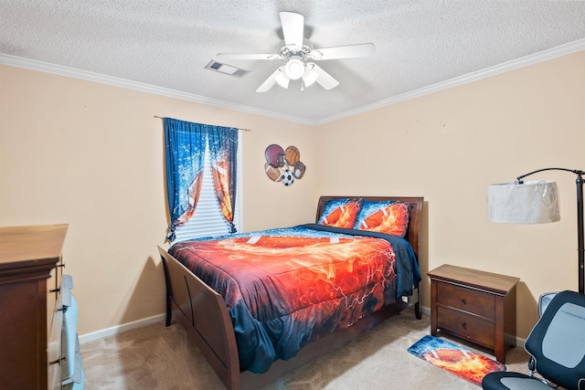 carpeted bedroom featuring crown molding, ceiling fan, and a textured ceiling