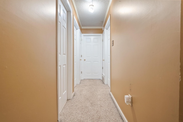 hallway featuring light colored carpet and a textured ceiling