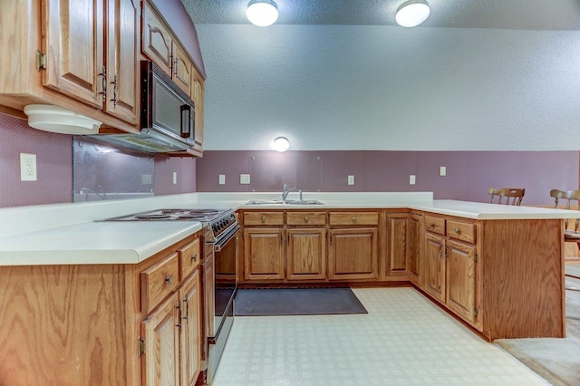 kitchen featuring sink, kitchen peninsula, and stainless steel electric range oven