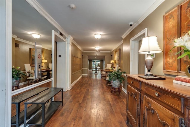 corridor featuring crown molding and dark hardwood / wood-style floors