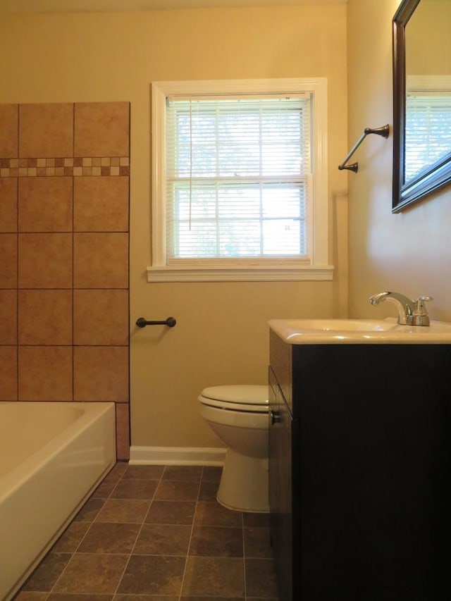 full bathroom with vanity, tile patterned floors, bathing tub / shower combination, and toilet