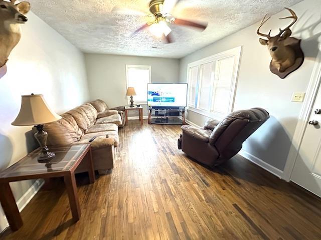 living room with ceiling fan, dark wood-type flooring, and a textured ceiling