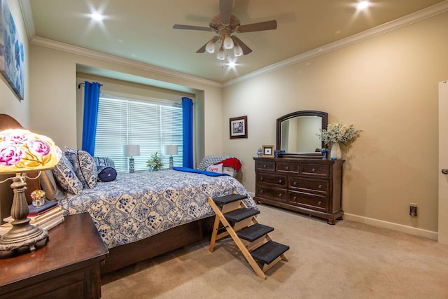 bedroom with ornamental molding, light carpet, and ceiling fan