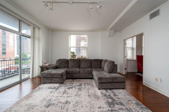 living room with crown molding, track lighting, and hardwood / wood-style floors