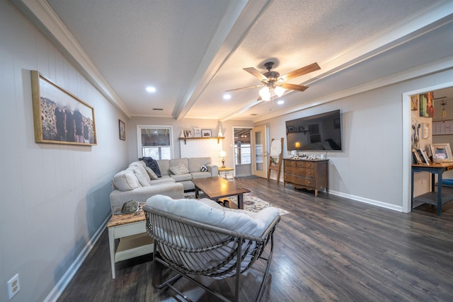 living area featuring baseboards, a textured ceiling, ornamental molding, and dark wood-type flooring
