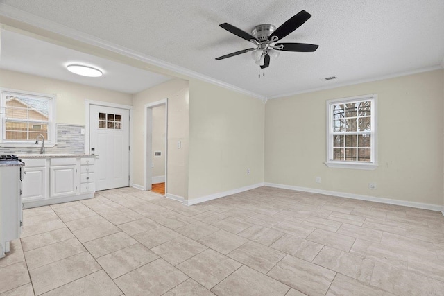 interior space featuring backsplash, a healthy amount of sunlight, sink, and white cabinets