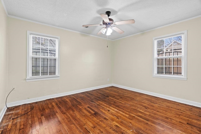 unfurnished room featuring ceiling fan, ornamental molding, hardwood / wood-style floors, and a textured ceiling