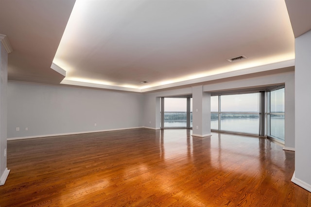 empty room with dark wood-type flooring, a raised ceiling, and a water view