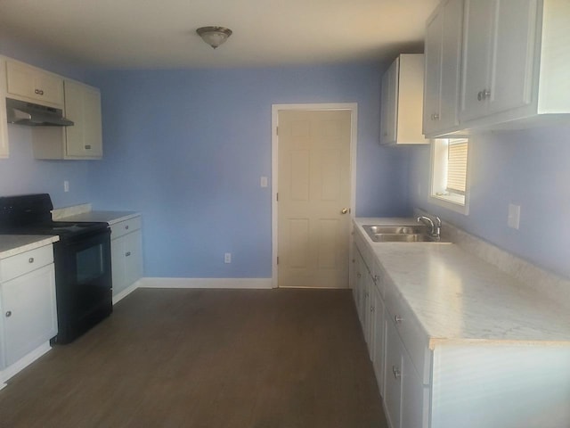 kitchen with white cabinetry, sink, dark wood-type flooring, and electric range