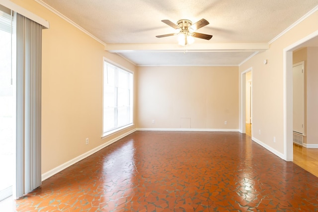 unfurnished room featuring ceiling fan, ornamental molding, beam ceiling, and a textured ceiling