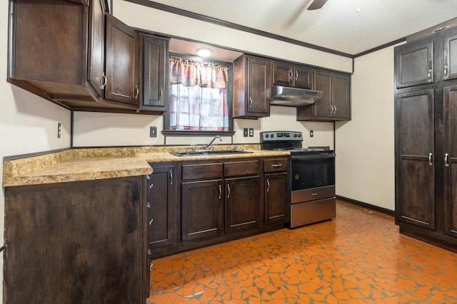 kitchen featuring dark brown cabinetry, sink, stainless steel range with electric cooktop, a textured ceiling, and ornamental molding