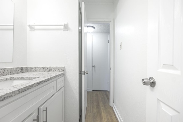 bathroom with hardwood / wood-style flooring and vanity