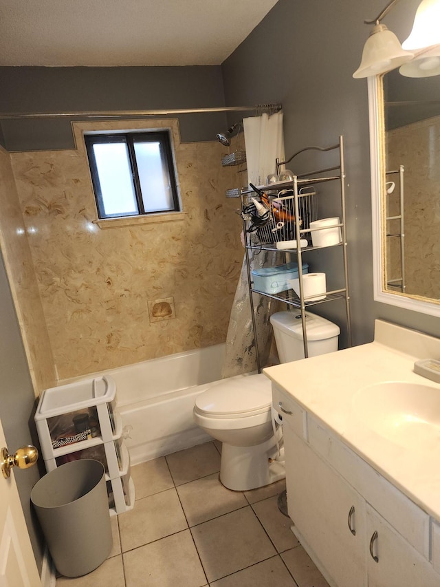 full bathroom with tile patterned flooring, vanity, shower / tub combo, and toilet