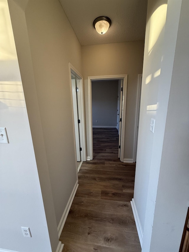 corridor with dark hardwood / wood-style flooring and a textured ceiling