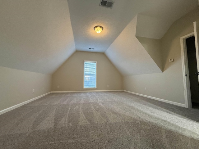 additional living space with lofted ceiling, carpet floors, and a textured ceiling