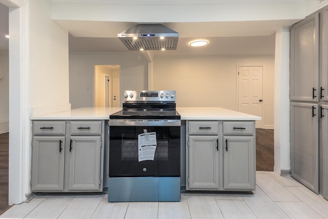 kitchen featuring gray cabinetry, stainless steel electric stove, exhaust hood, and kitchen peninsula