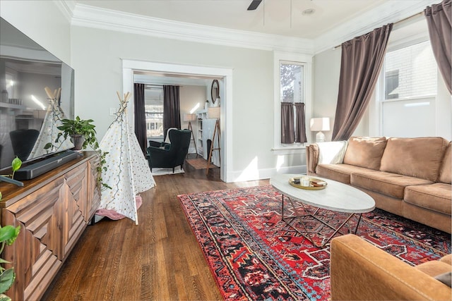 living room featuring dark hardwood / wood-style flooring, a wealth of natural light, and ornamental molding