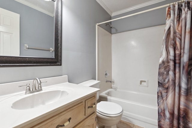 full bathroom with shower / bath combination with curtain, crown molding, vanity, and toilet