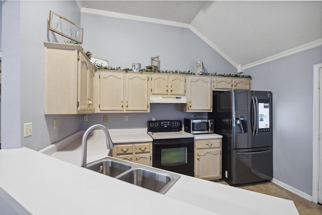 kitchen with lofted ceiling, sink, a textured ceiling, ornamental molding, and black appliances