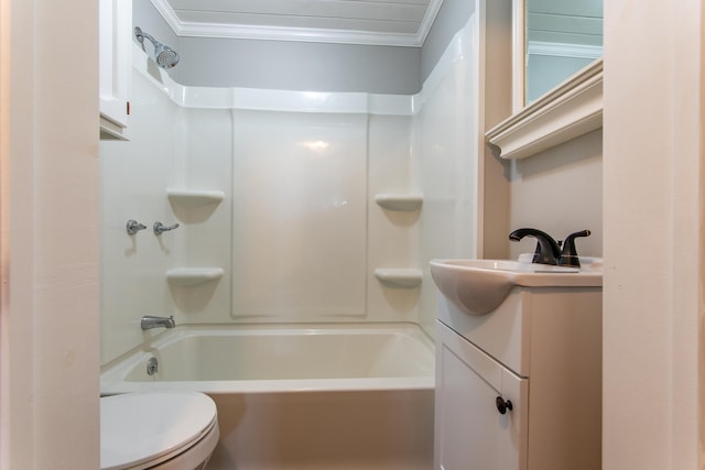 full bathroom with ornamental molding, toilet,  shower combination, and vanity