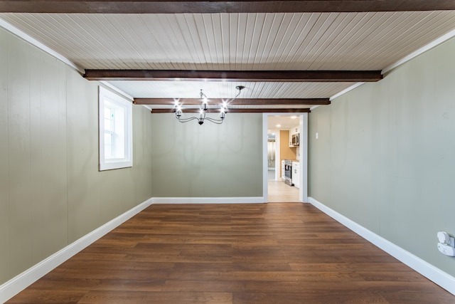 unfurnished dining area with an inviting chandelier, beam ceiling, and dark hardwood / wood-style floors