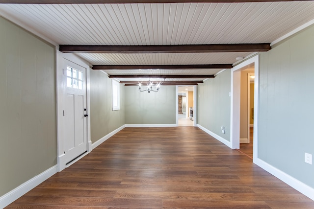 interior space featuring dark hardwood / wood-style floors, beam ceiling, and a notable chandelier