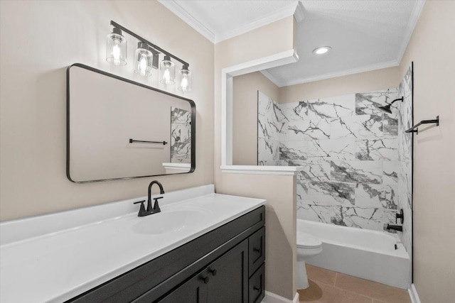 6961 Wittenham Cv, Memphis, TN 38119 - full bathroom with tile patterned floors, toilet, crown molding, tiled shower / bath, and vanity