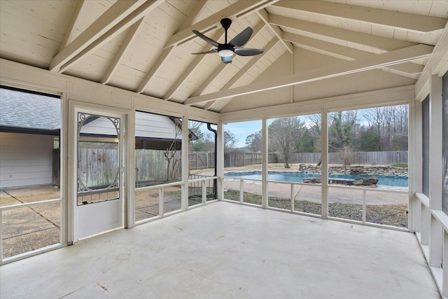 6961 Wittenham Cv, Memphis, TN 38119 - unfurnished sunroom featuring vaulted ceiling with beams and ceiling fan