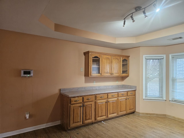 kitchen featuring a raised ceiling, rail lighting, and light hardwood / wood-style floors