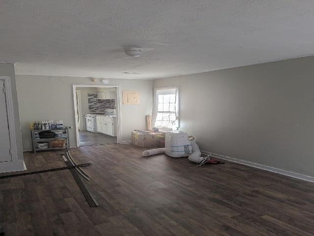 interior space featuring dark wood-type flooring and a textured ceiling