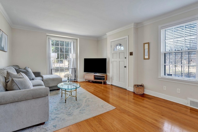 living room featuring crown molding and hardwood / wood-style floors