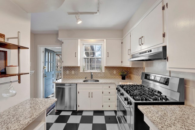 kitchen with stainless steel appliances, sink, white cabinetry, a healthy amount of sunlight, and decorative backsplash