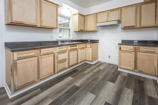 kitchen with light brown cabinetry, dark hardwood / wood-style flooring, and dark stone counters