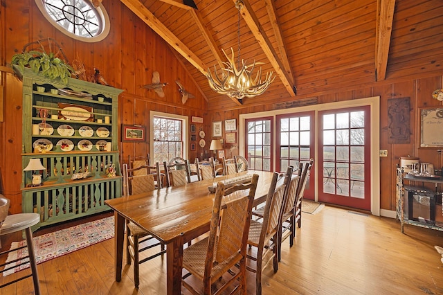 dining room featuring beamed ceiling, wood ceiling, wooden walls, and light wood-type flooring