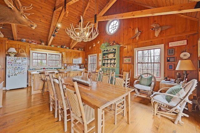 dining space with wood ceiling, an inviting chandelier, beam ceiling, wooden walls, and light wood-type flooring