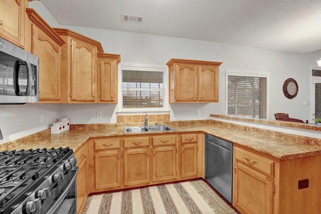 kitchen featuring sink, plenty of natural light, kitchen peninsula, and appliances with stainless steel finishes