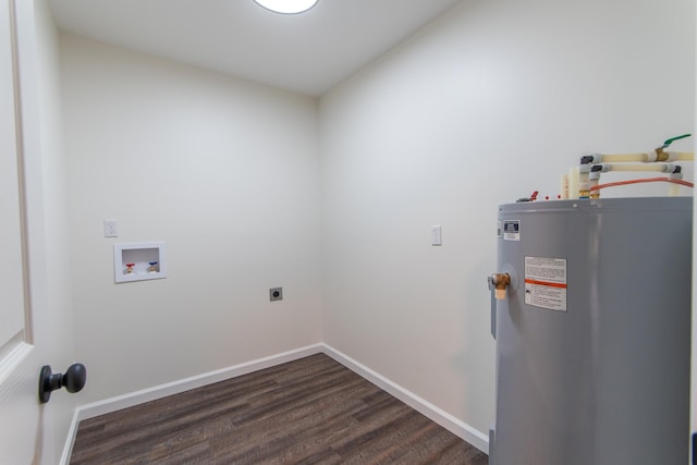 laundry room with dark hardwood / wood-style flooring, washer hookup, water heater, and hookup for an electric dryer