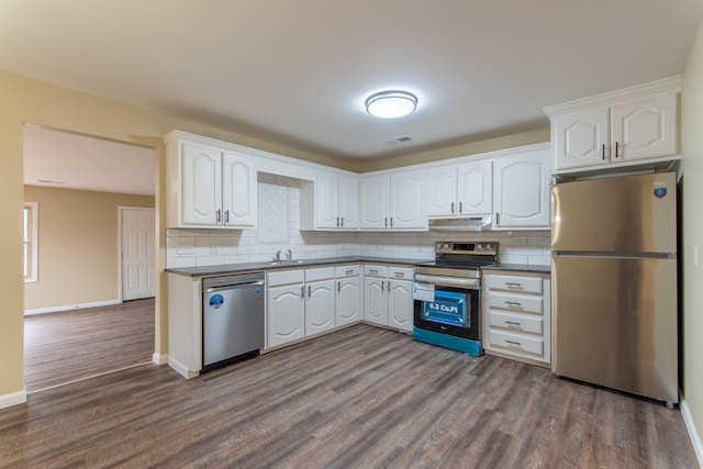 kitchen featuring appliances with stainless steel finishes, sink, white cabinets, and dark hardwood / wood-style floors